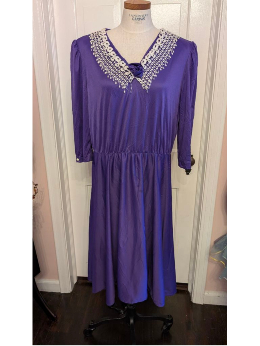 Women's 80's Whirlaway Frocks Purple Long Sleeve Dress with White Lace, 2X